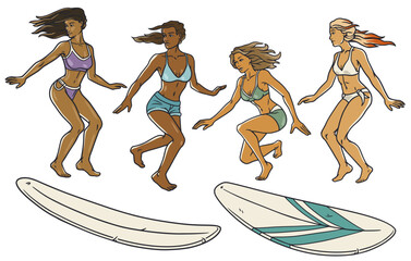 Extreme girl surfer set on surfboards for design of summer beach life. Active woman on surf boards and wave for surfing or sea sport. Tropical exotic beach female collection for ocean design