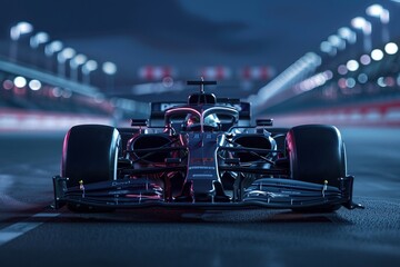 Head-on view from above, showcasing a generic F1 car in a tight close-up as it races down a racetrack. Capture the aggressive stance and powerful engine intake - obrazy, fototapety, plakaty
