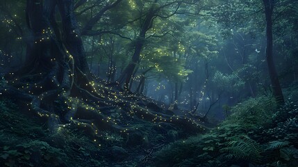 A dense forest at twilight, with fireflies illuminating the scene, casting a magical glow on the underbrush and the twisted roots of ancient trees