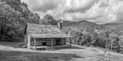 A picturesque old log cabin on a grassy hill. Perfect for rustic and countryside themes