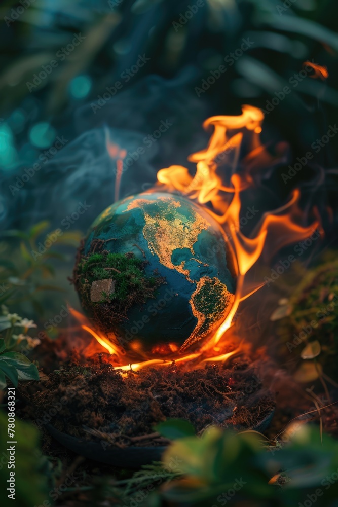 Poster a burning earth in the middle of a forest. suitable for environmental disaster concepts