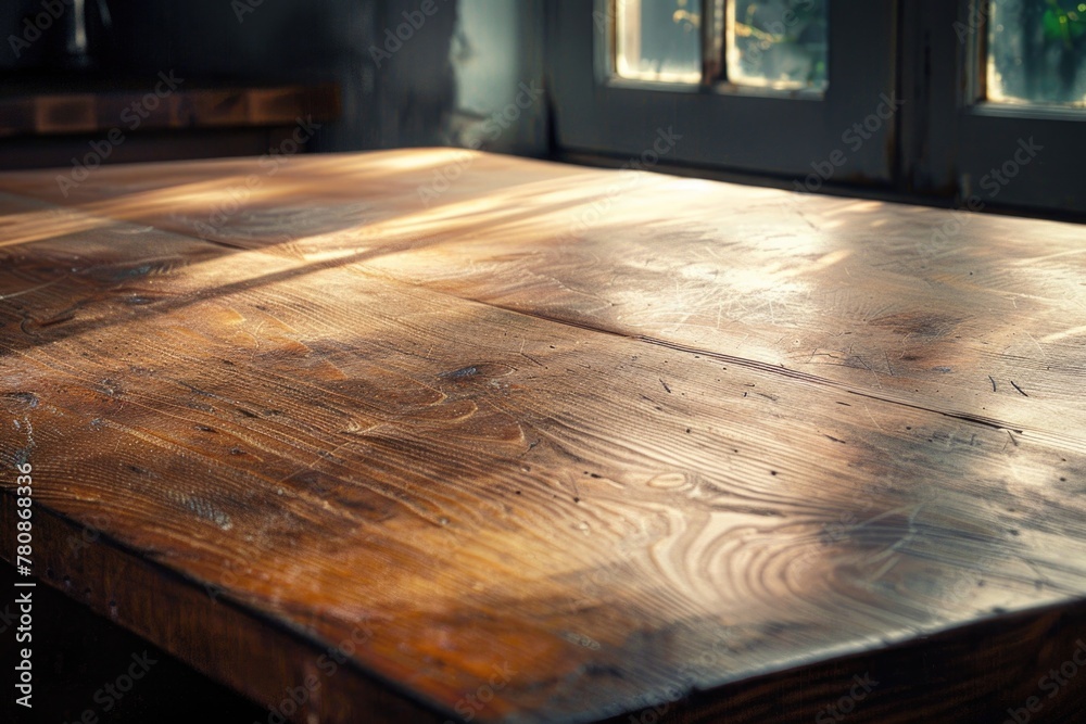 Poster A wooden table placed in front of a window. Ideal for interior design concepts