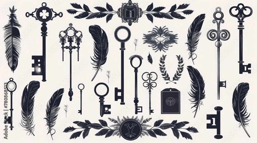 Poster A bunch of keys and feathers, versatile image for various concepts