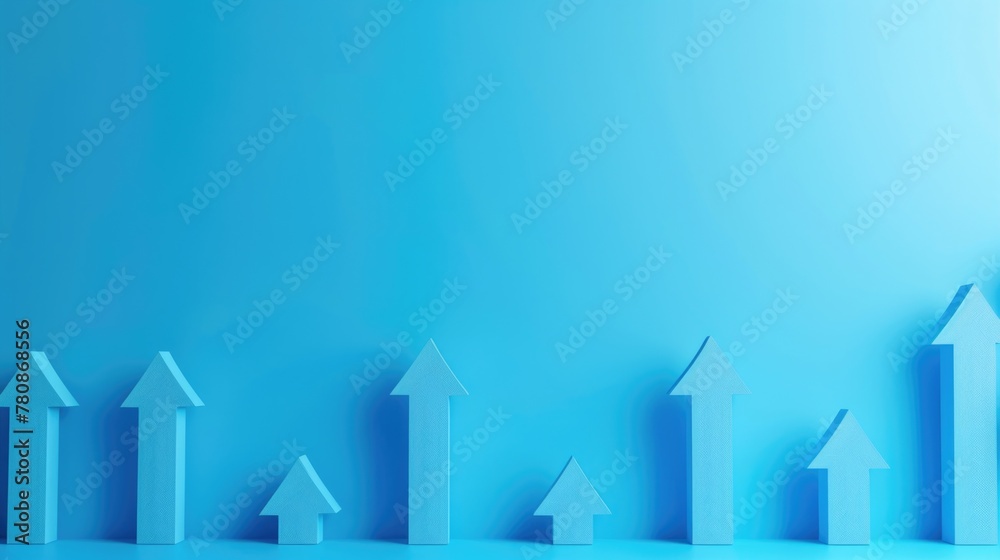 Poster graphic design of arrows pointing up on blue backdrop, ideal for business presentations