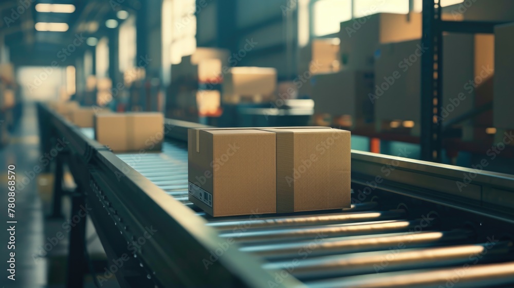 Poster a box moving on a conveyor belt in a warehouse. suitable for logistics and storage concepts
