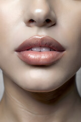 A close-up of lips with a slight smile and clear lipstick