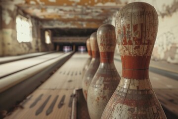 Row of bowling pins in a bowling alley. Suitable for sports and leisure concepts