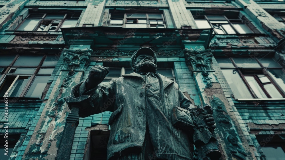 Poster a statue of a man holding a gun in front of a building. suitable for security or crime concept