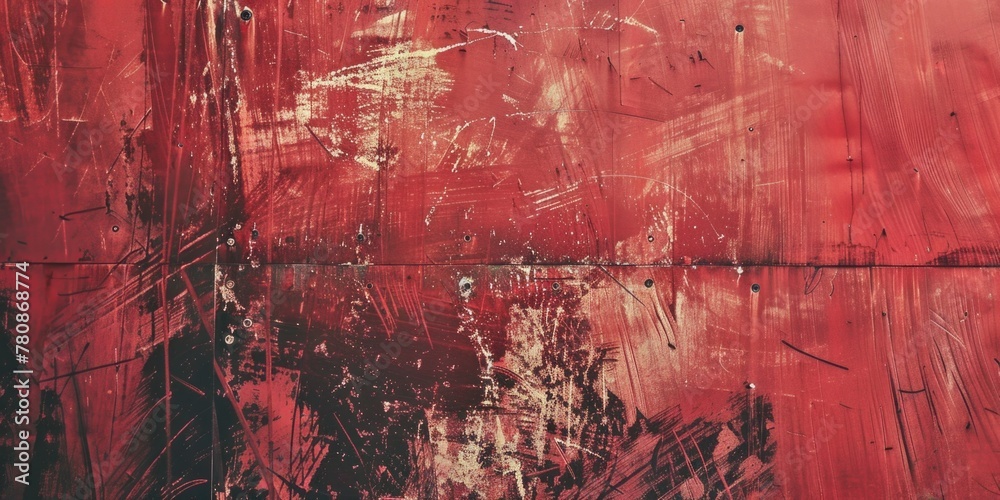 Poster close up of a red wall with paint splatters. perfect for backgrounds and textures