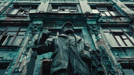 A statue of a man holding a gun in front of a building. Suitable for security or crime concept
