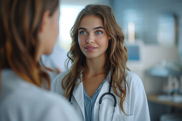 A young female doctor with engaging blue eyes listens intently to a patient during a medical consultation. AI Generated.