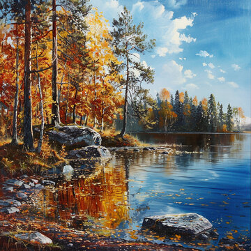 Autumn Forest Landscape with Lake in Realism Style