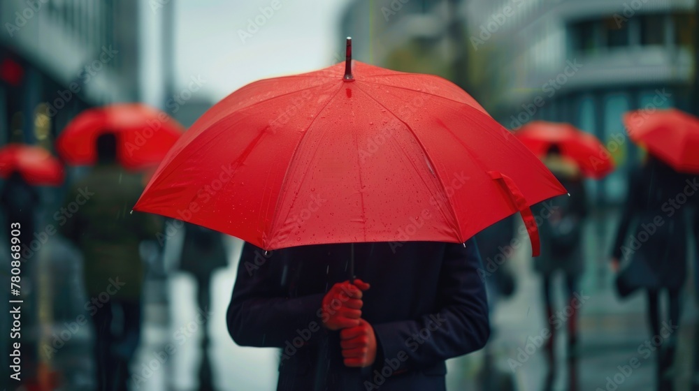 Poster a person holding a red umbrella in the rain. suitable for weather-related concepts