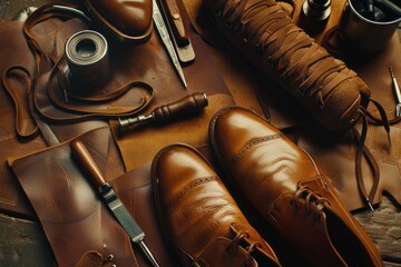 Pair of brown shoes placed on a table, suitable for fashion or lifestyle themes - Powered by Adobe