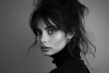 A captivating black and white portrait featuring a young woman with a poised look, highlighting minimalist fashion and beauty. AI Generated.