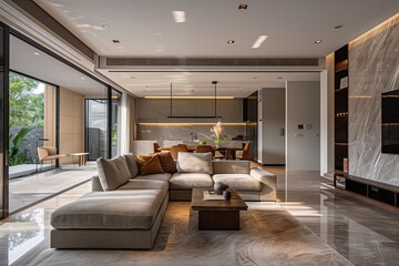 A contemporary open-plan living area with understated decor and a captivating cityscape view, reflecting a serene urban lifestyle. AI Generated.