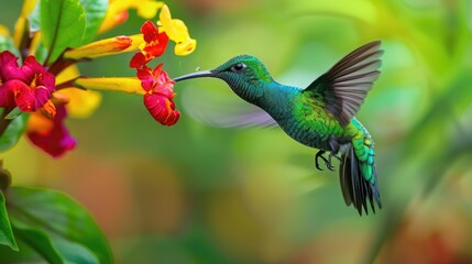 A hummingbird in flight near a vibrant flower. Suitable for nature and wildlife themes