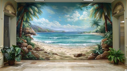 A beautiful hand painted mural of the beach with palm trees and rocks on both sides, depicting the ocean in a blue color with green waves crashing onto golden sandy beaches, generated with AI