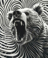A black and white image of a bear head, in the style of bold graphic lines, generated with AI