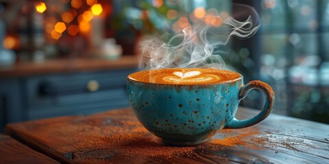 A blue cup of coffee with steam in the shape of a heart, a warm and homely atmosphere, generated with AI