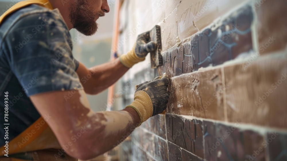 Poster a man using a hammer to paint a brick wall, suitable for construction or diy projects