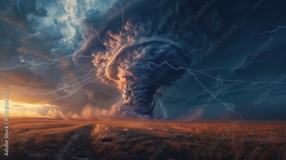 Poster A dramatic scene of a large cloud of smoke and lightning over a field. Suitable for various concepts and designs