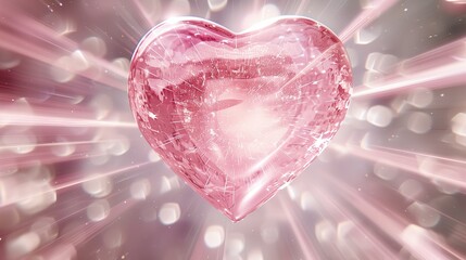 3D pink heart diamond with rays of light background, heart shape in the center of the picture, shiny and sparkling - obrazy, fototapety, plakaty