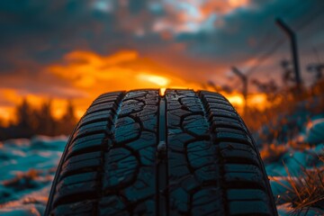A close up of a tire with the sun setting in the background, generated with AI - obrazy, fototapety, plakaty