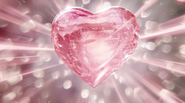 3D pink heart diamond with rays of light background, heart shape in the center of the picture, shiny and sparkling