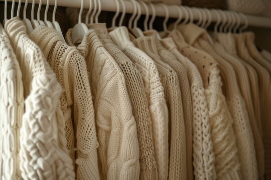 A rack of colorful sweaters hanging neatly on a clothes rack. Ideal for fashion or retail concepts
