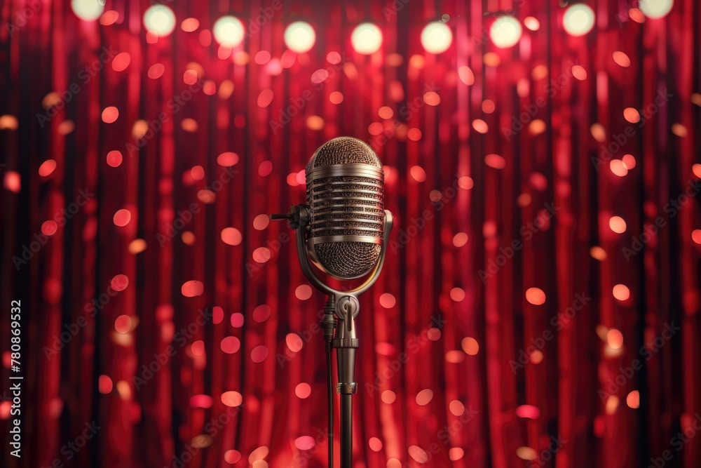 Poster A microphone on a stand in front of a red curtain. Ideal for music or performance related designs