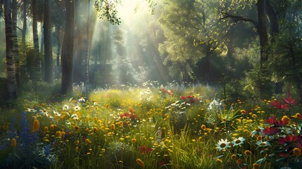 A forest clearing bathed in the soft light of the late afternoon sun, with rays filtering through the canopy above and illuminating a carpet of wildflowers