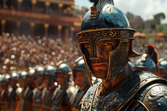 A Gladiator wearing a gold helmet trains a school of young gladiators in the arena, action wide shot, photo realistic image, blues and gold, generated with AI
