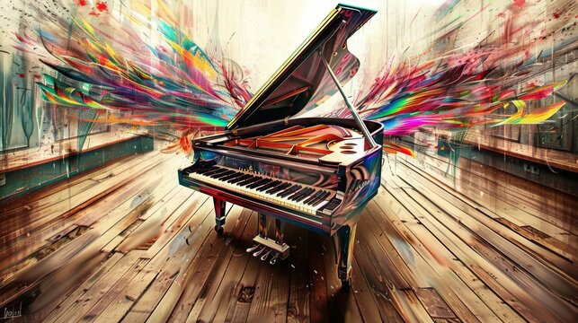 A grand piano, colorful,, generated with AI