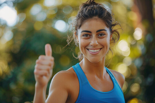 Active Woman Giving Thumbs Up Wearing Sportswear Outdoors