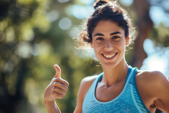 Radiant Sporty Woman Giving Thumbs Up Outdoors