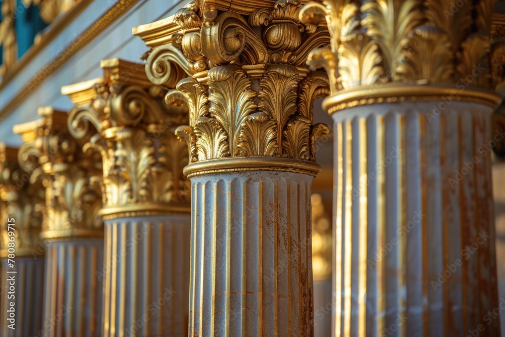 Aufkleber A row of gold and white columns in a building. Perfect for architectural design projects