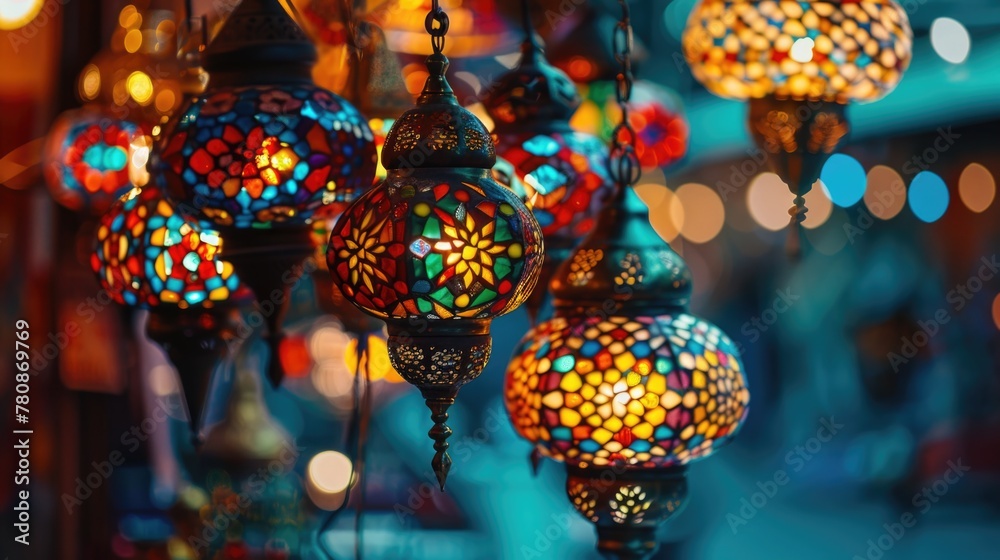 Aufkleber colorful lights hanging from a ceiling, perfect for adding a festive touch to any event
