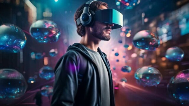  man wearing a VR headset designs a detailed virtual world. On the background is full of floating codes. 