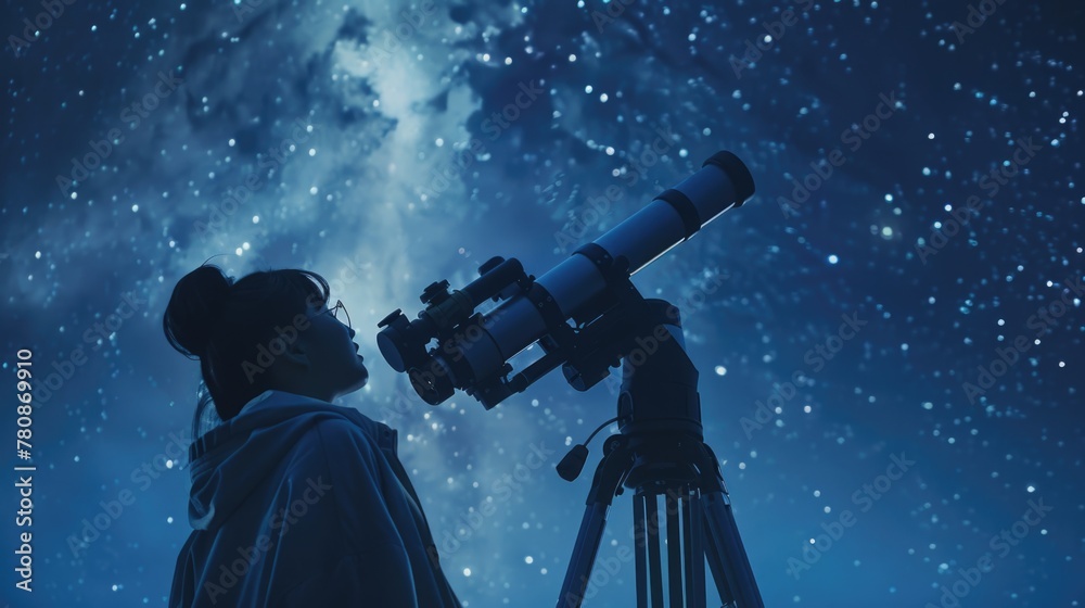 Poster A man observing stars through a telescope. Suitable for science and astronomy concepts