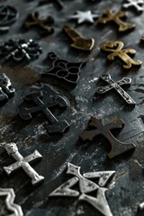 Metal crosses displayed on a table, perfect for religious or memorial themes