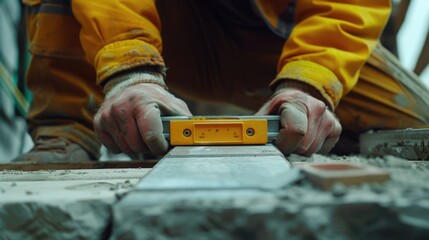 A man in a yellow jacket using a level tool. Suitable for construction and DIY projects - obrazy, fototapety, plakaty