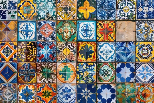 Colorful tiles arranged on a wall, suitable for interior design projects