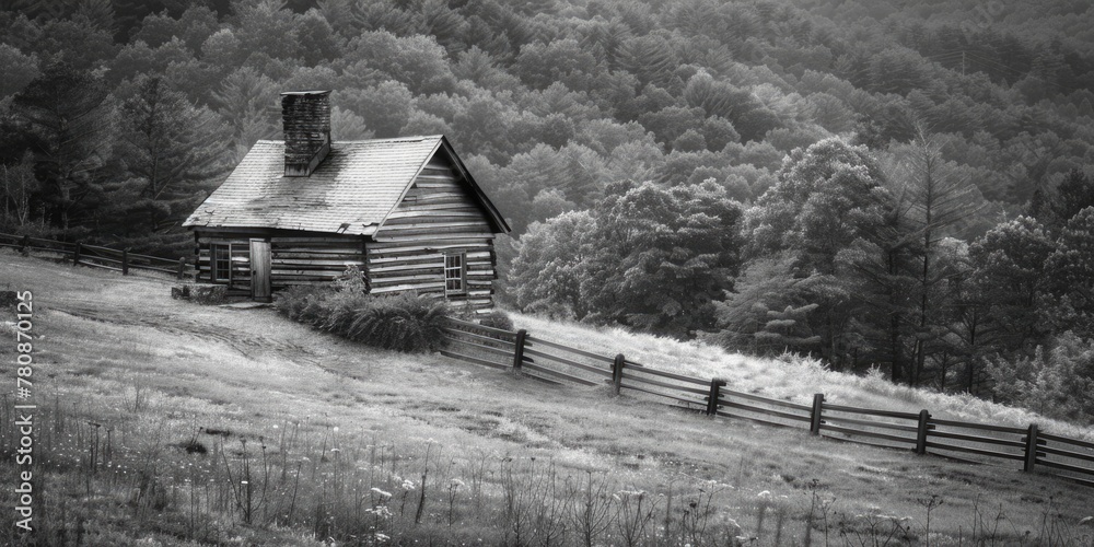 Poster A serene black and white image of a log cabin in a peaceful setting. Ideal for rustic home decor