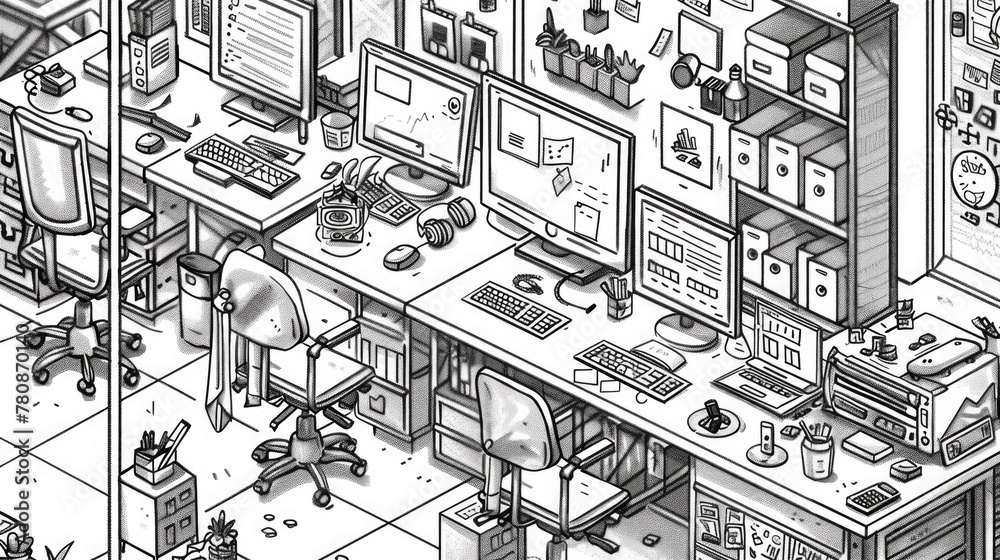 Poster black and white illustration of a computer desk, suitable for various design projects