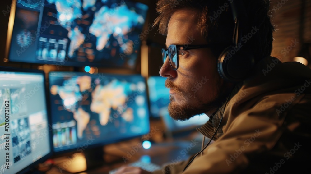 Aufkleber A man sitting in front of a computer with headphones on. Suitable for technology and work concepts