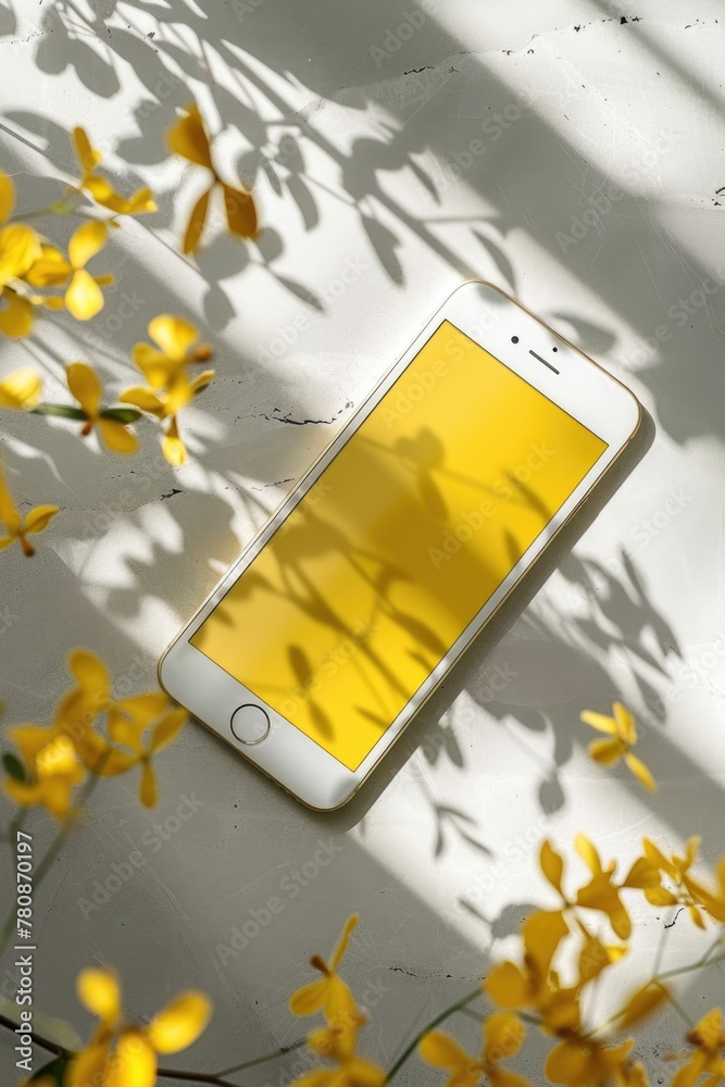 Poster a white cell phone resting on a table. ideal for technology concepts