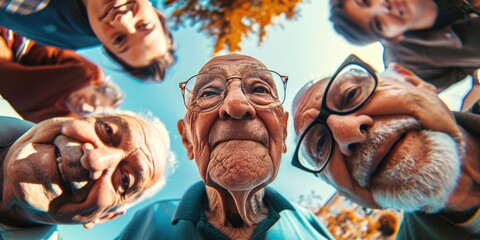 A group of grandfathers is taking selfie looking at the camera