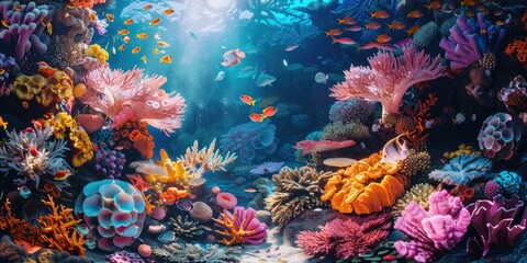 Fototapeta na wymiar Colorful underwater scene with vibrant corals and swimming fish. Perfect for aquatic themed designs