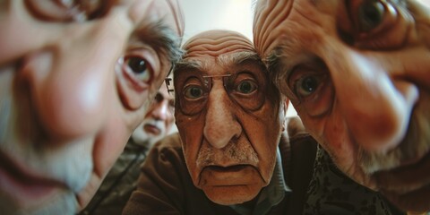 A group of grandfathers is taking selfie looking at the camera - obrazy, fototapety, plakaty